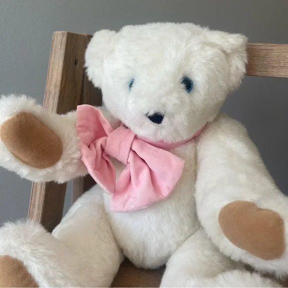 Cute Fluffy White Jointed Plush Bear with Pink Velvet Bow - Picture 6 of 13